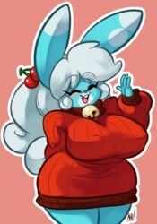 :3 andrew_dickman anthro awd bbw bell bell_collar big_breasts blue_body blush blushing buckteeth bunny cherry christmas chubby_female closed_eyes cute digital_drawing_(artwork) digital_media_(artwork) furry furry_only hair_decoration happy long_hair nipples_visible_through_clothing open_mouth pixels_bunni rabbit smiling solo solo_female sweater thick thick_thighs waving white_hair wide_hips