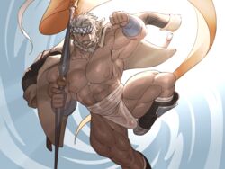 balls bara bulge chesschirebacon gay granblue_fantasy male male_only muscles muscular penis posing posing_with_weapon shirtless soriz underwear white_hair