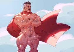 1boy arms_crossed balls bara boner cape cape_only chesschirebacon dilf erection hairy invincible invincible_(comics) male male_only moustache muscles muscular nolan_grayson omni-man penis solo