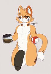 1boy 2019 abs animal_ears anthro aronhilistix black_penis black_tank_top broad_shoulders cat_ears cat_eyes cat_tail catboy clavicle coffee coffee_mug coffee_pot collarbone cropped_legs dated deltoids dipstick_tail ear_fluff feline fit fit_male front_view gozer_(aronhilistix) grey_background grumpy hanging_penis holding_object hourglass_figure huge_cock humanoid_penis large_balls lean looking_aside male male_anthro male_only navel_line orange_ears orange_eyes orange_fur orange_hair orange_tail original_character pecs penis pubic_tuft slit_pupils small_but_hung solo solo_male tail tan_fur thick_penis thick_thighs two_tone_fur two_tone_tail vein vertical_navel white_balls white_fur white_tail_tip