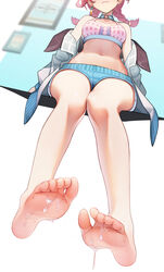 absurdres arknights bangs bare_legs bare_shoulders barefoot blue_choker blue_poison_(arknights) blue_poison_(shoal_beat)_(arknights) blue_shorts braid choker collarbone commentary_request crop_top cum cum_on_feet cute earrings feet female foot_fetish foot_focus head_out_of_frame highres jacket jewelry jiachong_jun_z legs long_hair micro_shorts midriff navel off_shoulder official_alternate_costume open_clothes open_jacket partial_commentary pink_hair shorts smile soles solo sports_bra stomach toes twin_braids