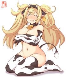 big_breasts blonde_hair blush bottomless cleavage closed_eyes collar covered_nipples covering_breasts covering_nipples covering_self cow_ears cow_horns cow_print cow_print_armwear cow_print_thighhighs cow_tail cowbell crossed_arms crying elbow_gloves embarrassed female female_only functionally_nude gambier_bay_(kantai_collection) gloves hairband kanon_(kurogane_knights) kantai_collection messy_hair sitting tears thighhighs topless twintails year_of_the_ox