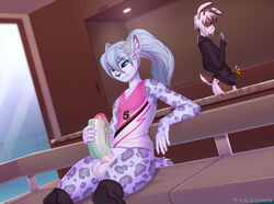 2boys anthro aster_faye balls black_hoodie blue_eyes blue_fur blue_hair bottomless bulge clothed clothing erection femboy fur furry furry_only hair hi_res hoodie knee_pads large_penis legwear male male_anthro male_only masturbation onahole partially_clothed penetrable_sex_toy penis ponytail resine sitting sweat tail testicles thick_thighs thighs topwear valkoinen watching