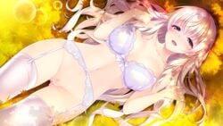 bangs bra braid breasts censored cleavage collarbone dappled_sunlight eyebrows_visible_through_hair female from_above game_cg garter_belt hair_between_eyes half-closed_eyes large_breasts lens_flare lingerie long_hair looking_at_viewer lying mosaic_censoring navel no_panties official_art on_back open_mouth purple_eyes pussy pussy_juice renjouji_mai secret_agent_~kishi_gakuen_no_shinobi_naru_mono~ silver_hair solo sunlight thighhighs underwear very_long_hair white_bra white_legwear