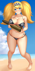 barefoot beach big_breasts bikini black_bikini blonde_hair blue_eyes blush breast_rest cleavage female female_only full_body gambier_bay_(kantai_collection) hairband holding_object kantai_collection long_hair looking_at_viewer mokuren5 shell_casing side-tie_bikini smile standing star_(symbol) swimsuit thick_thighs twintails underboob wide_hips