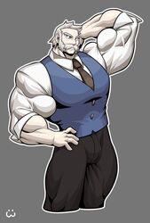 arm_behind_head arm_up bara bulge bunnywolf facial_hair fully_clothed gay hand_on_hip male male_only moustache muscles muscular npc_trainer pokemon rowan_(pokemon) solo solo_male white_hair wolfiecanem