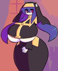 big_breasts borrowed_character hourglass_figure huge_breasts megadingus monty_(gensin) nun nun's_habit purple_hair red_eyes tagme thick underboob