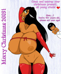 big_breasts bondage bow christmas farah hair_over_one_eye huge_breasts legend_of_queen_opala milf mother_and_daughter present queen_opala swegabe tan tan_skin text thick_thighs