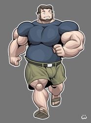 bara beard big_pecs birch_(pokemon) brown_hair bulge bunnywolf facial_hair gay male male_only muscles muscular nipples nipples_visible_through_clothing npc_trainer overweight pokemon solo solo_male wolfiecanem