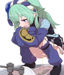 arm_warmers bar_censor black_footwear blue_eyes blush censored commentary_request crossed_arms female green_hair long_sleeves open_mouth peeing pussy sengoku_collection shoes simple_background sleeves_past_fingers sleeves_past_wrists solo squat_toilet squatting sumiyao_(amam) tokugawa_ieyasu_(sengoku_collection) urinal urine white_background