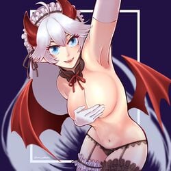 1girls big_breasts blue_eyes breasts cm_oekaki covering_breasts horns light-skinned_female panties solo solo_female stockings succubus veibae virtual_youtuber vshojo white_hair wings