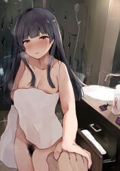 1boy absurdres areola_slip areolae bangs bathroom black_hair blunt_bangs blush breasts brown_eyes collarbone commentary_request completely_nude condom condom_wrapper excessive_pubic_hair eyebrows_visible_through_hair female female_pubic_hair hair_down hand_grab highres holding idolmaster idolmaster_shiny_colors indoors long_hair looking_at_viewer mayuzumi_fuyuko medium_breasts naked_towel noe_8ban nude open_mouth pov pubic_hair sink solo_focus straight towel