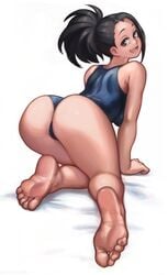 1girls arched_back arm_support ass black_hair feet female grey_eyes lentiyay looking_at_viewer momo_yaoyorozu my_hero_academia one-piece_swimsuit open_mouth smiling soles solo solo_female swimsuit toes