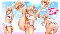 1futa artist_name bangs blonde_hair censored cheerleader clothed clothing commentary_request daisy_mitsumata english_text full-package_futanari futa_only futanari hair_between_eyes hair_ornament heart heart_hair_ornament highres holding holding_pom_poms human light_skin marimu_(daisy_mitsumata) mosaic_censoring mostly_clothed multiple_views no_panties open_mouth original panties penis pom_pom_(cheerleading) pom_poms shirt signature skirt twintails underwear white_panties white_shirt white_skirt