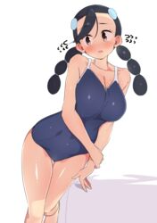 1girls big_breasts black_hair blush breasts candice_(pokemon) embarrassed female nintendo pokemon pokemon_dppt solo swimsuit thick_thighs thighs tottotonero twintails white_background