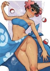 arm_up bandeau black_hair blue_bandeau blue_sarong blush censored commentary_request dark-skinned_female dark_skin eyelashes female floral_print flower grey_eyes hair_flower hair_ornament highres ichigai_(hayawossan) knees mosaic_censoring navel phoebe_(pokemon) poke_ball poke_ball_(basic) poke_ball_print pokemon pokemon_(game) pokemon_rse pussy sarong short_hair solo spiked_hair sweat translation_request