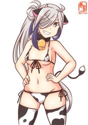 ahoge alternate_costume animal_ears animal_print artist_logo asashimo_(kantai_collection) bell bikini breasts cow_ears cow_girl cow_horns cow_print cow_tail cowbell cowboy_shot dated eyebrows_visible_through_hair female gradient_hair grey_eyes grin hair_over_one_eye hands_on_hips horns kanon_(kurogane_knights) kantai_collection long_hair looking_at_viewer multicolored_hair navel neck_bell one-hour_drawing_challenge ponytail print_bikini print_legwear purple_hair side-tie_bikini silver_hair simple_background small_breasts smile solo swimsuit tail teeth thighhighs very_long_hair white_background