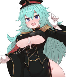 :d after_paizuri black_dress black_headwear blue_hair breasts cum cum_between_breasts cum_on_body cum_on_breasts cum_string cum_wearing cumdrip dress epaulettes female gloves hair_between_eyes hand_up hat highres imagawa_yoshimoto_(sengoku_collection) large_breasts long_hair long_sleeves open_mouth peaked_cap purple_eyes sengoku_collection simple_background smile solo sumiyao_(amam) underboob white_background white_gloves wide_sleeves