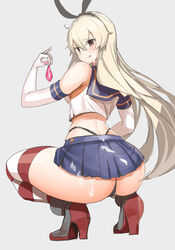 animal_ears ass bangs black_panties blonde_hair blush bukkake condom cum elbow_gloves eyebrows_visible_through_hair female from_behind gloves grey_background hagoromoo hairband highres holding holding_condom kantai_collection licking_lips long_hair panties shimakaze_(kantai_collection) simple_background skirt solo squatting striped striped_legwear thighhighs tongue tongue_out underwear used_condom white_gloves