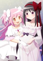 2girls :d absurdres akemi_homura akuma_homura alternate_costume areolae big_belly black_hair blue_background blush breasts choker collarbone dress hair_ribbon hand_on_another's_stomach hand_on_own_stomach highres incubator_(puella_magi) ips_cells long_hair looking_at_another madoka_kaname mahou_shoujo_madoka_magica mahou_shoujo_madoka_magica_movie medium_breasts multiple_girls multiple_pregnancies nipples open_mouth pink_hair pregnant pubic_tattoo purple_eyes pussy ribbon see-through shuruken_(yuumo) sleeveless sleeveless_dress small_breasts smile space_clothes space_dress star_(sky) tattoo ultimate_madoka very_long_hair white_choker yellow_eyes yuri