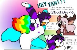 aliasing anthro antlers armpit_fetish catjam_(artist) curious deer dialogue duo english_text excited female genitals hair heart horn kaomoji mammal multicolored_hair nipples pussy rainbow_hair text xcite_(catjam) yan_(character)