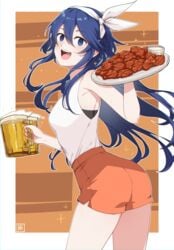 1girls 2020s 2021 :d alcohol alternate_costume ass beer beer_mug blue_eyes blue_hair border bow chicken_(food) cup female fire_emblem fire_emblem_awakening floating_hair food from_side fumafu hairbow highres holding holding_food holding_plate hooters long_blue_hair long_hair looking_at_viewer lucina_(fire_emblem) mug nintendo open_mouth orange_shorts plate shorts smile solo straight_hair symbol-shaped_pupils tank_top teeth thighs upper_teeth white_border white_tank_top