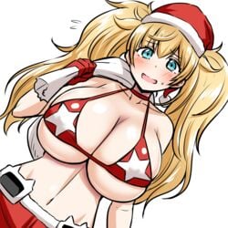 1:1 big_breasts bikini_top blonde_hair blue_eyes blush choker christmas christmas_outfit cleavage enormous_breasts female female_only gambier_bay_(kantai_collection) huge_breasts kanno_takanori kantai_collection long_hair looking_at_viewer red_bikini santa_hat solo sweatdrop twintails