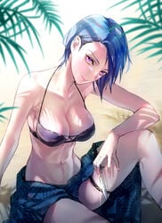 1girls alternate_costume beach bikini black_bikini black_swimsuit breasts cleavage closed_mouth collarbone commentary female fire_emblem fire_emblem:_three_houses head_tilt holding holding_knife holding_weapon knife large_breasts leaf lips looking_at_viewer navel nintendo pink_lips plant purple_eyes purple_hair sand sarong shadow shamir_nevrand short_hair sitting smile solo swimsuit t_misaomaru weapon