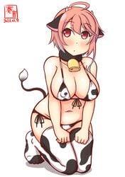 ahoge alternate_costume animal_ears animal_print artist_logo bell bikini breasts cleavage commentary_request covered_erect_nipples cow_ears cow_horns cow_print cow_tail cowbell dated fake_animal_ears fake_horns female hair_ornament horns i-58_(kantai_collection) kanon_(kurogane_knights) kantai_collection kneeling large_breasts looking_at_viewer lowleg lowleg_bikini micro_bikini one-hour_drawing_challenge pink_hair red_eyes short_hair side-tie_bikini simple_background solo swimsuit tail thighhighs white_background white_bikini white_legwear