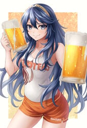 1girls 2020s 2021 alcohol alternate_costume bangs bare_shoulders beer beer_mug bird blue_eyes blue_hair breasts collarbone cup drink female fire_emblem fire_emblem_awakening hair_between_eyes holding holding_cup hooters long_blue_hair looking_at_viewer lucina_(fire_emblem) mug nintendo no_legwear orange_shorts short_shorts shorts small_breasts smile sole_female solo symbol-shaped_pupils tank_top ten_(tenchan_man) tiara