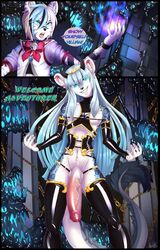 2boys animal_ears anthro armwear balls blue_eyes blue_hair blue_tail dialogue english_text femboy glowing_eyes hair horns huge_cock legwear male male_anthro male_only resine tail text