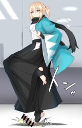 1boy absurdres bangs bar_censor black_hakama black_legwear black_scarf blonde_hair censored eyebrows_visible_through_hair fate/grand_order fate_(series) female grey_eyes hair_between_eyes hakama hakama_pants haori heel-less_legwear highres hip_vent indoors japanese_clothes long_sleeves okita_souji_(fate) okita_souji_(koha/ace) pants penis ponytail scarf short_hair solo_focus standing standing_on_one_leg straight toeless_legwear watarasera_piro wide_sleeves