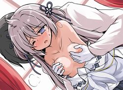 1boy 1girls azur_lane blush breast_grab breasts commander_(azur_lane) commentary_request female gloves grabbing grabbing_from_behind hair_ornament heavy_breathing light-skinned_female light-skinned_male light_skin medium_breasts open_mouth purple_eyes sakura_empire_(azur_lane) silver_hair straight sweat tsuzuri_(tuzuri) umikaze_(azur_lane) wince window