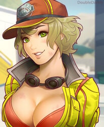 baseball_cap blonde_hair breasts cindy_aurum cleavage cropped_jacket doubledarkly female final_fantasy final_fantasy_xv goggles green_eyes hat highres jacket large_breasts looking_at_viewer short_hair smile solo