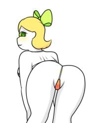 1girls anus anus_visible_through_clothes ass bikini blonde_hair blush female female_focus female_only green_eyes green_ribbons green_sclera looking_at_viewer looking_back presenting_ass ribbon showing_ass sofia_(zaftero) white_skin yellow_hair zaftero_(artist)