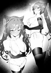 :o absurdres arm_under_breasts arm_up bangs bikini blush breasts cleavage elbow_gloves embarrassed eyebrows_visible_through_hair facing_viewer female female from_behind genshin_impact gloves hair_cones hair_ornament highres keqing_(genshin_impact) long_hair looking_at_viewer medium_breasts micro_bikini monochrome multiple_views navel open_mouth panties remora180 side-tie_panties sideboob speech_bubble string_bikini swimsuit thighhighs twintails underwear