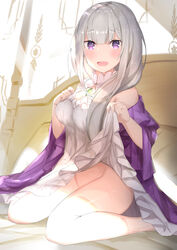 bangs bare_shoulders bed blunt_bangs blush breasts clothes_lift commentary_request dress dress_lift emilia_(re:zero) eyebrows_visible_through_hair female gem highres indoors light_purple_hair long_hair looking_at_viewer medium_breasts no_panties on_bed open_mouth pointy_ears purple_eyes re:zero_kara_hajimeru_isekai_seikatsu silver_hair solo tomaco white_dress