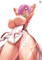 armpits arms_behind_head arms_up bangs bare_shoulders blush body_markings breasts breasts_out closed_mouth cosplay dress fate/grand_order fate_(series) female hair_over_one_eye highres himiko_(fate) himiko_(fate)_(cosplay) kuraikurairey large_breasts light_purple_hair looking_at_viewer magatama magatama_necklace mash_kyrielight nipples purple_eyes sash short_hair side_slit smile solo thighs wet white_dress