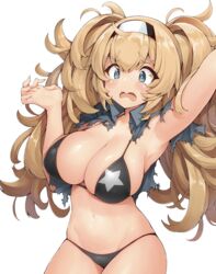 arm_up armpit big_breasts bikini black_bikini blonde_hair blue_eyes blush cleavage embarrassed female female_only gambier_bay_(kantai_collection) hairband huge_breasts kantai_collection long_hair messy_hair open_mouth siesta_(artist) solo swimsuit tears torn_clothes twintails