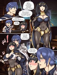 1boy 1girls bangs black_hair blush bodystocking breast_grab breasts chrom_(fire_emblem) cleavage comic covered_nipples double_breast_grab english_text fire_emblem fire_emblem_awakening groping kajimateria large_breasts medium_hair navel netorare nintendo ntrvember pelvic_curtain text tharja_(fire_emblem) thighs twintails wide_hips