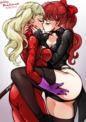 2021 2girls ann_takamaki artist_name black_jacket black_legwear black_leotard blonde_hair blush bodysuit bow closed_eyes dated frilled_cuffs gloves jacket kasumi_yoshizawa kissing leotard minacream multiple_girls persona persona_5 persona_5_royal ponytail red_bodysuit red_bow red_hair red_nails simple_background skin_tight sumire_yoshizawa thigh_grab thighhighs white_background yuri zipper