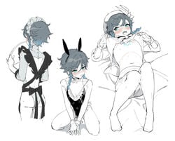 1boy androgynous ass black_hair blush braid bulge bunny_ears bunnysuit crossdressing femboy genshin_impact kkopoli lingerie maid_lingerie maid_uniform nipples penis_bulge tattoo teal_eyes teal_hair trap venti_(genshin_impact)