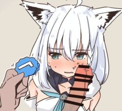 ahoge animal_ear_fluff animal_ears bar_censor blue_checkmark blue_eyes blush blushing braid censored collarbone disembodied_hand disembodied_penis eyebrows_visible_through_hair fellatio female fox_ears fox_girl hololive hololive_gamers hololive_gen_1 hololive_japan penis penis_on_face shirakami_fubuki sweatdrop twitter virtual_youtuber white_hair yokaranuyakara