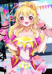 2boys :d absurdres aikatsu! aikatsu!_(series) bar_censor bare_shoulders blonde_hair blurry blurry_background blush bow_print breasts censored choker cleavage cum cum_on cum_on_body cum_on_breasts cum_on_clothes depth_of_field detached_sleeves double_handjob dress earrings ejaculation erection exhibitionism eyebrows_visible_through_hair facial female floral_print gloved_handjob gloves group_sex hair_between_eyes hair_over_shoulder hairband handjob heart highres hoshimiya_ichigo idol jewelry large_breasts long_hair looking_at_penis mikorin mmf_threesome multicolored_clothes multicolored_dress multiple_boys nail_polish open_mouth out_of_frame penis pink_dress pink_gloves pink_nails pink_sleeves pouch red_eyes rose_print smile solo_focus speed_lines spoken_heart stage straight sweat threesome trembling twitching_penis upper_body veins veiny_penis