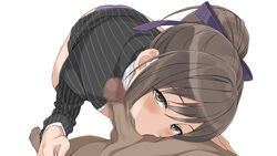 1boy ass blush bow brown_eyes brown_hair censored clothing dark-skinned_male dark_skin erection fellatio female from_above hair_between_eyes hairbow highres interracial looking_up mokke mosaic_censoring oral panties penis sakuya_(shining_blade) shining_(series) shining_blade simple_background solo_focus straight underwear white_background