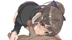 1boy ass blush bow brown_eyes brown_hair censored clothing cum cum_on_hair dark-skinned_male dark_skin erection facial fellatio female from_above hair_between_eyes hairbow highres interracial looking_up mokke mosaic_censoring oral panties penis sakuya_(shining_blade) shining_(series) shining_blade simple_background solo_focus straight underwear white_background