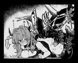 animal_ears arknights bestiality black_border blush blush_lines border bottomless breasts cleavage clenched_hand clenched_teeth commentary female from_behind grabbing greyscale implied_sex lying monochrome monster on_ground on_stomach originium_slug_(arknights) rape sex straight surtr_(arknights) sweat teeth tentacle tentacle_grab tentacle_sex twitter_username uneven_eyes yom_(ymayma00ss)