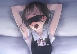 armpits bed black_hair black_legwear blindfold blush bondage bound cum cum_in_mouth cum_on_clothes dress female grey_eyes highres in_bed looking_at_viewer murakami_suigun open_mouth original pinafore_dress rape short_hair solo sweat twintails