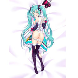 1girls aqua_eyes aqua_hair ass bed black_legwear blue_eyes blue_hair boobs breasts butt dakimakura dakimakura_design female female_only hatsune_miku legwear light_blue_eyes light_blue_hair long_hair magical_mirai_(vocaloid) nipples panties panties_down round_ass small_breasts solo solo_female tits vocaloid