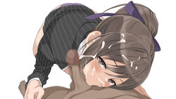 1boy ass blush bow brown_eyes brown_hair censored clothing cum cum_on_hair dark-skinned_male dark_skin erection facial fellatio female from_above hair_between_eyes hairbow highres interracial looking_up mokke mosaic_censoring oral panties penis sakuya_(shining_blade) shining_(series) shining_blade simple_background solo_focus straight underwear white_background